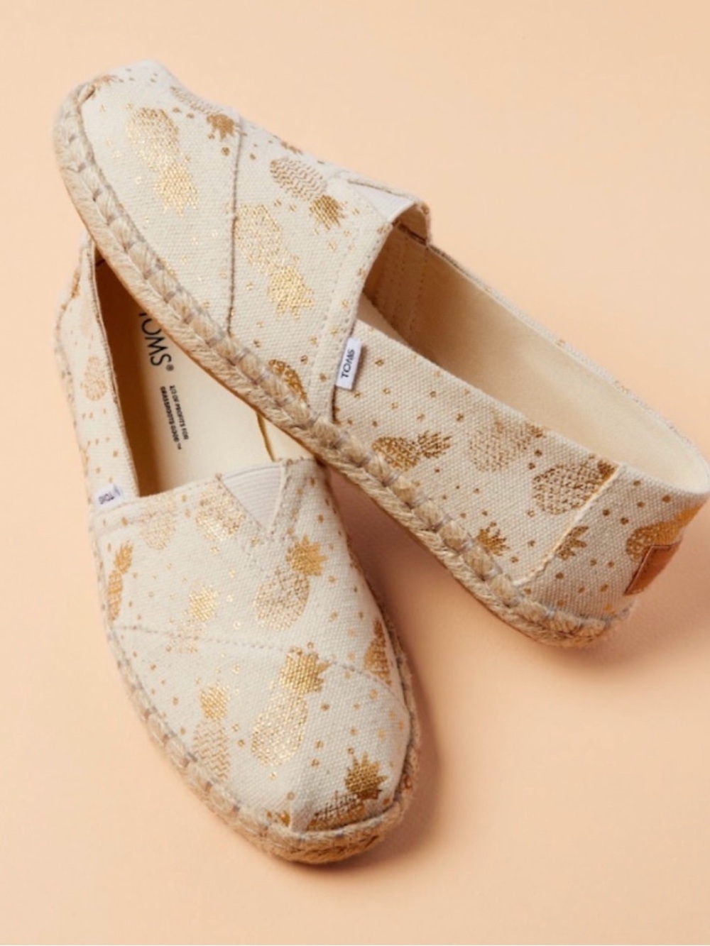 TOMS Cream Espadrille Slip-Ons with Metallic Gold Pineapple Motif